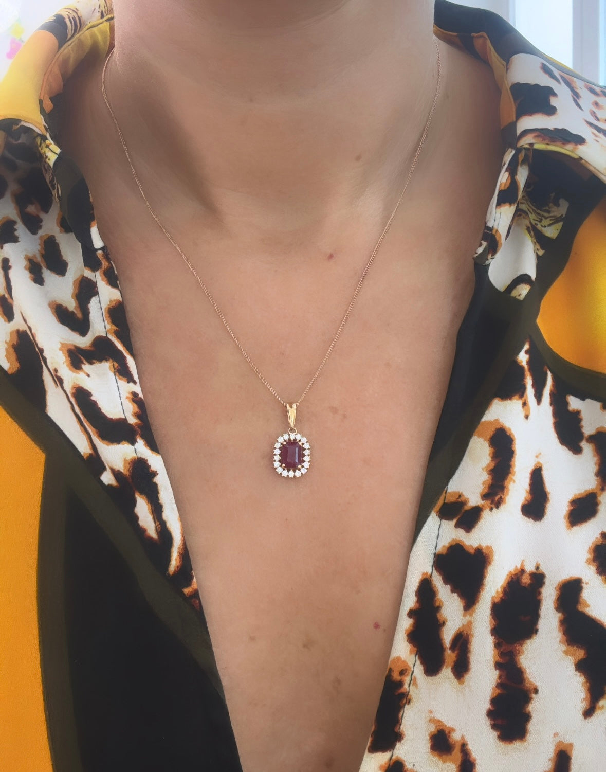 Emerald Cut Ruby and Diamond Halo Pendant in 18ct Rose Gold