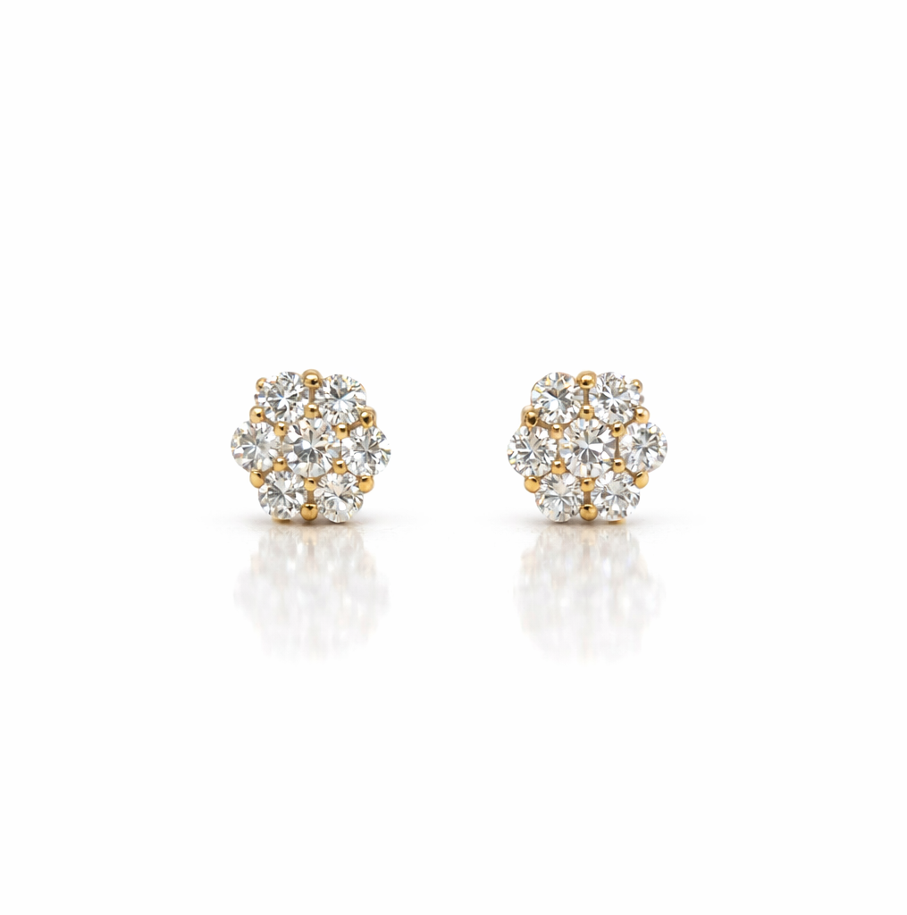6 Petal Flower Natural Diamond Cluster Stud Earrings, 0.25cts in 9ct Yellow Gold with Scroll Backs
