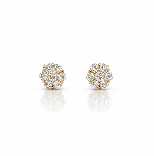 6 Petal Flower Natural Diamond Cluster Stud Earrings, 0.25cts in 9ct Yellow Gold with Scroll Backs