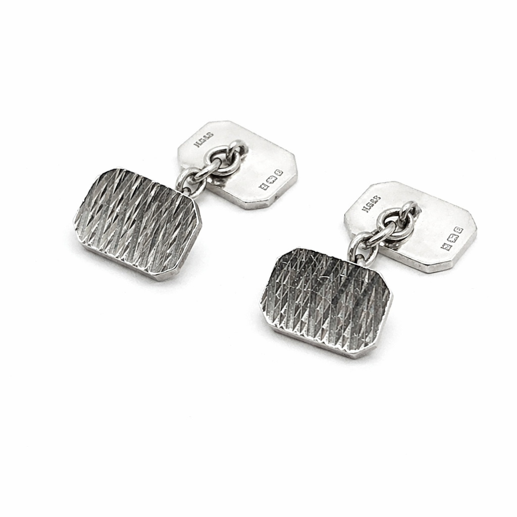 Vintage 1979, Sterling Silver Diamond Cut Engraved Rectangular Shape Panel Chain Cufflinks