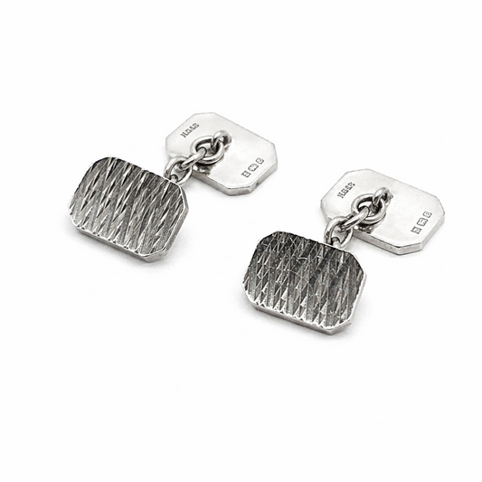 Vintage 1979, Sterling Silver Diamond Cut Engraved Rectangular Shape Panel Chain Cufflinks
