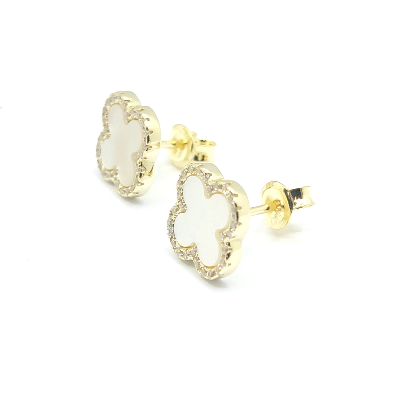 925 yellow gold mother of pearl cz clover stud earrings