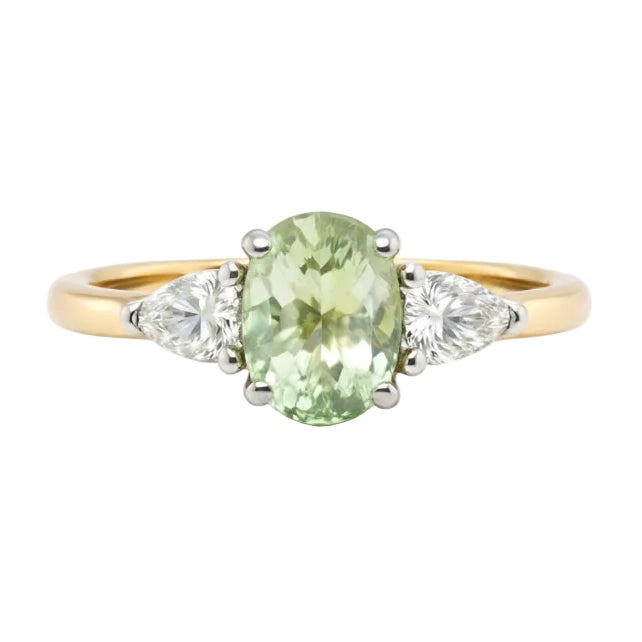 Oval Amblygonite and Pear Cut Diamond Trilogy Ring in 18ct Yellow Gold