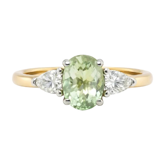 Oval Amblygonite and Pear Cut Diamond Trilogy Ring in 18ct Yellow Gold