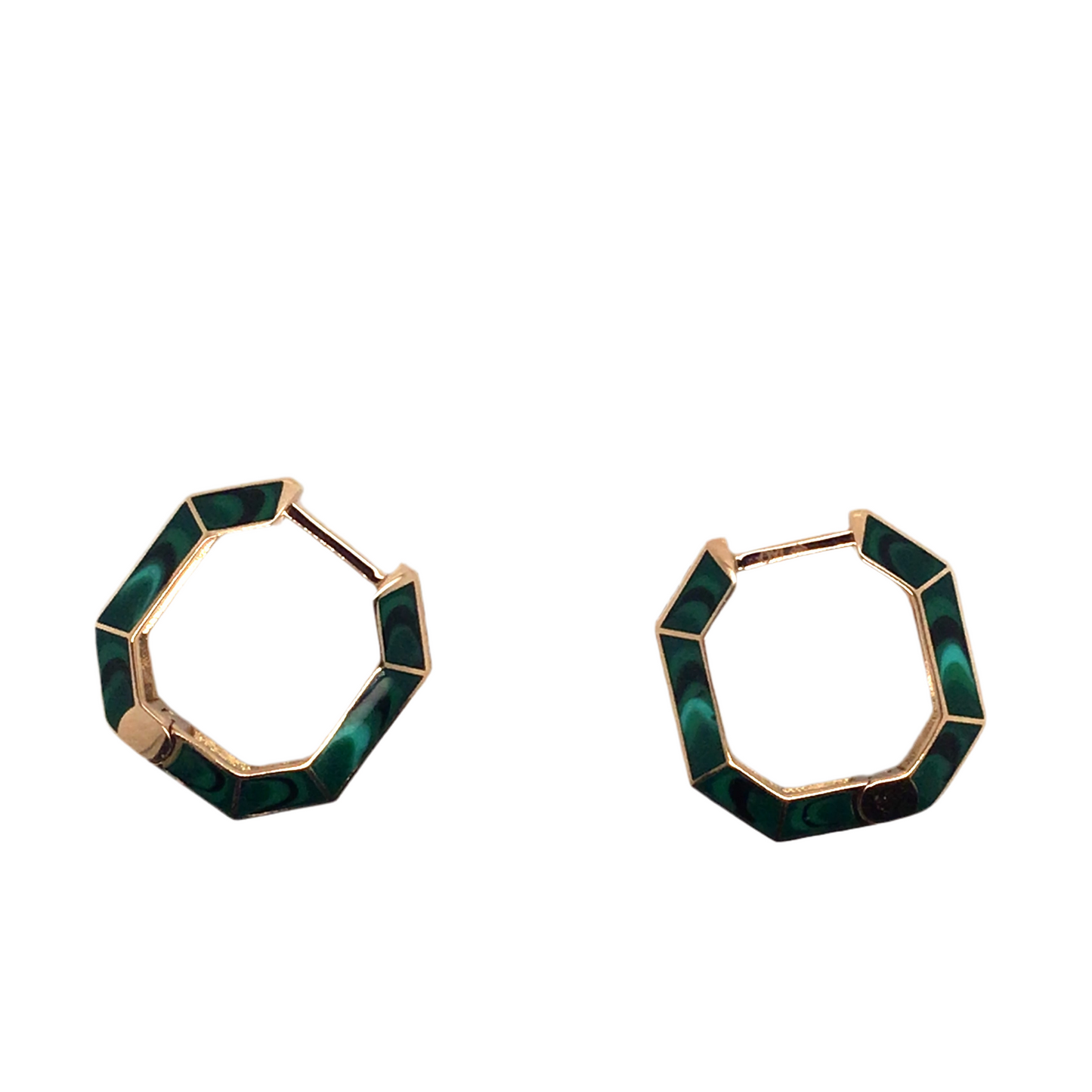Art Deco Style Diamond and Green Enamel Hinged Hoop Earrings in Rose Gold