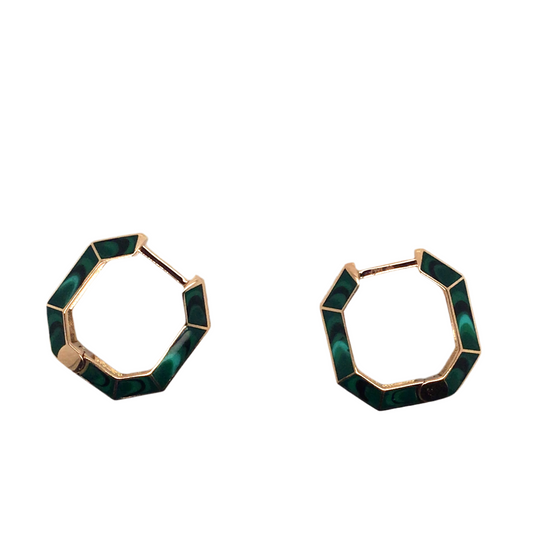 Art Deco Style Diamond and Green Enamel Hinged Hoop Earrings in Rose Gold