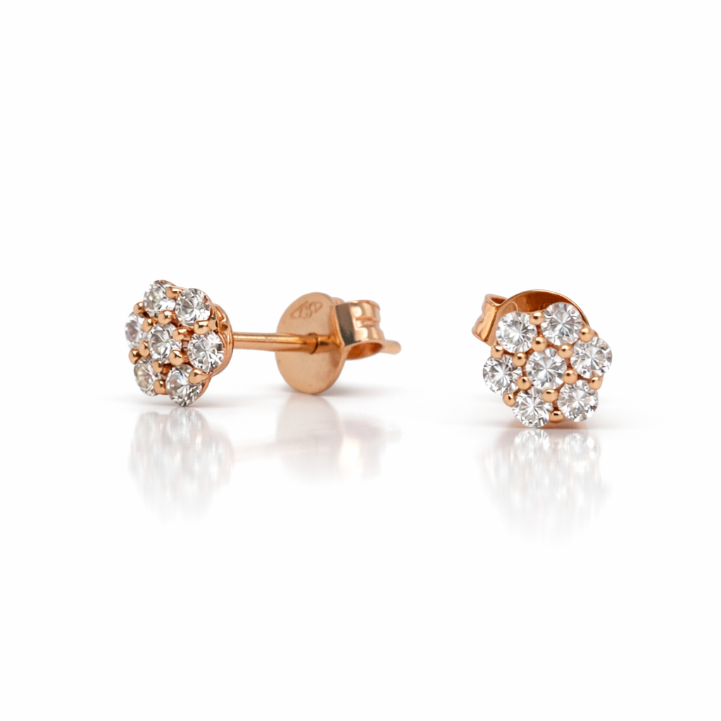 18ct Rose Gold Round Brilliant Cluster Flower Stud Earrings
