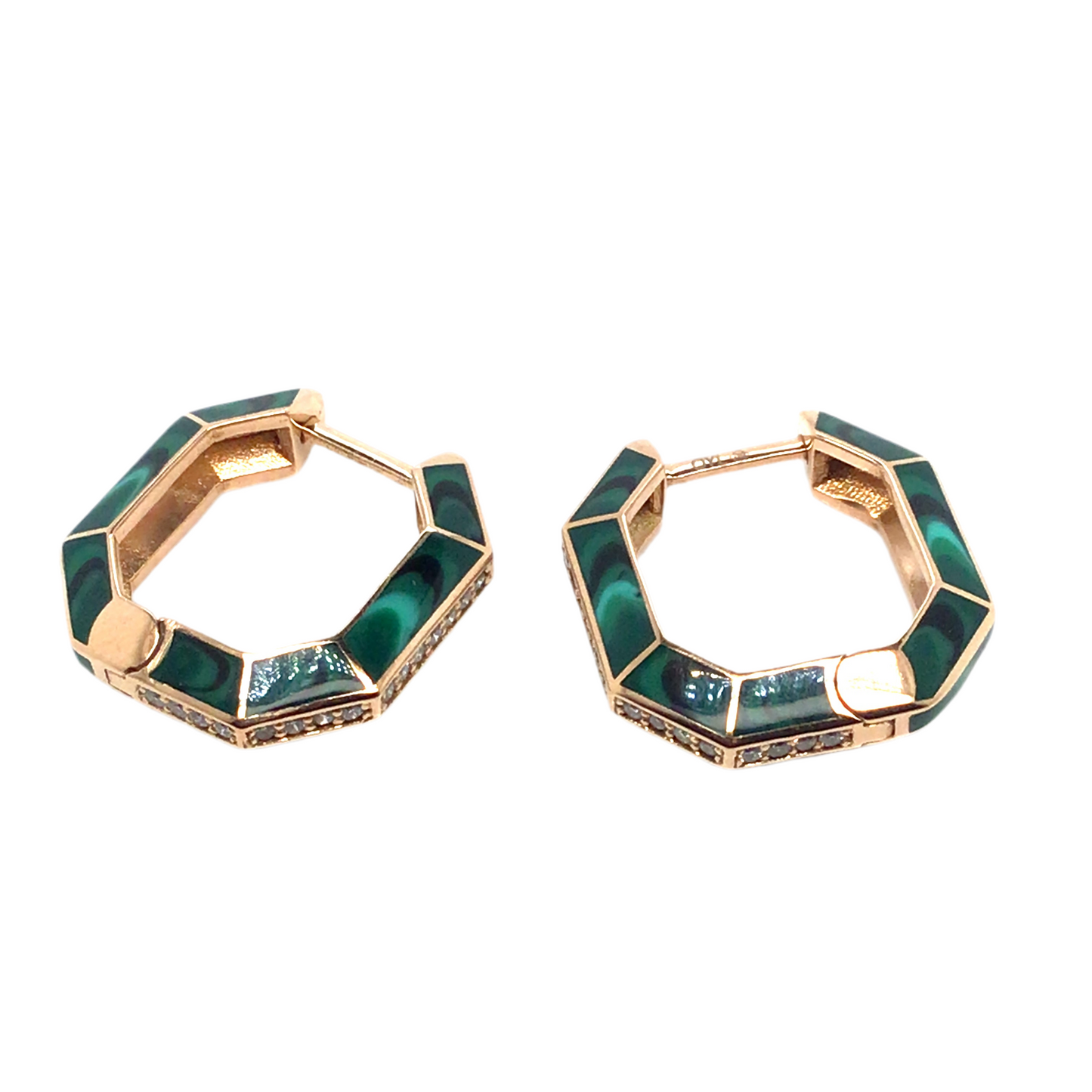 Art Deco Style Diamond and Green Enamel Hinged Hoop Earrings in Rose Gold