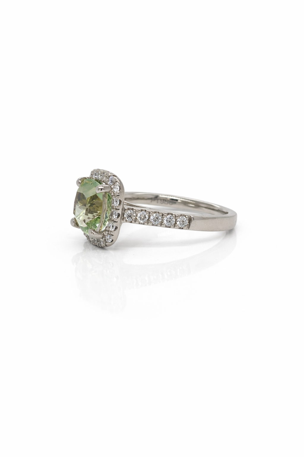 Square Cushion Cut Mint Green Tourmaline Diamond Halo Diamond Set Shoulders Ring in Platinum