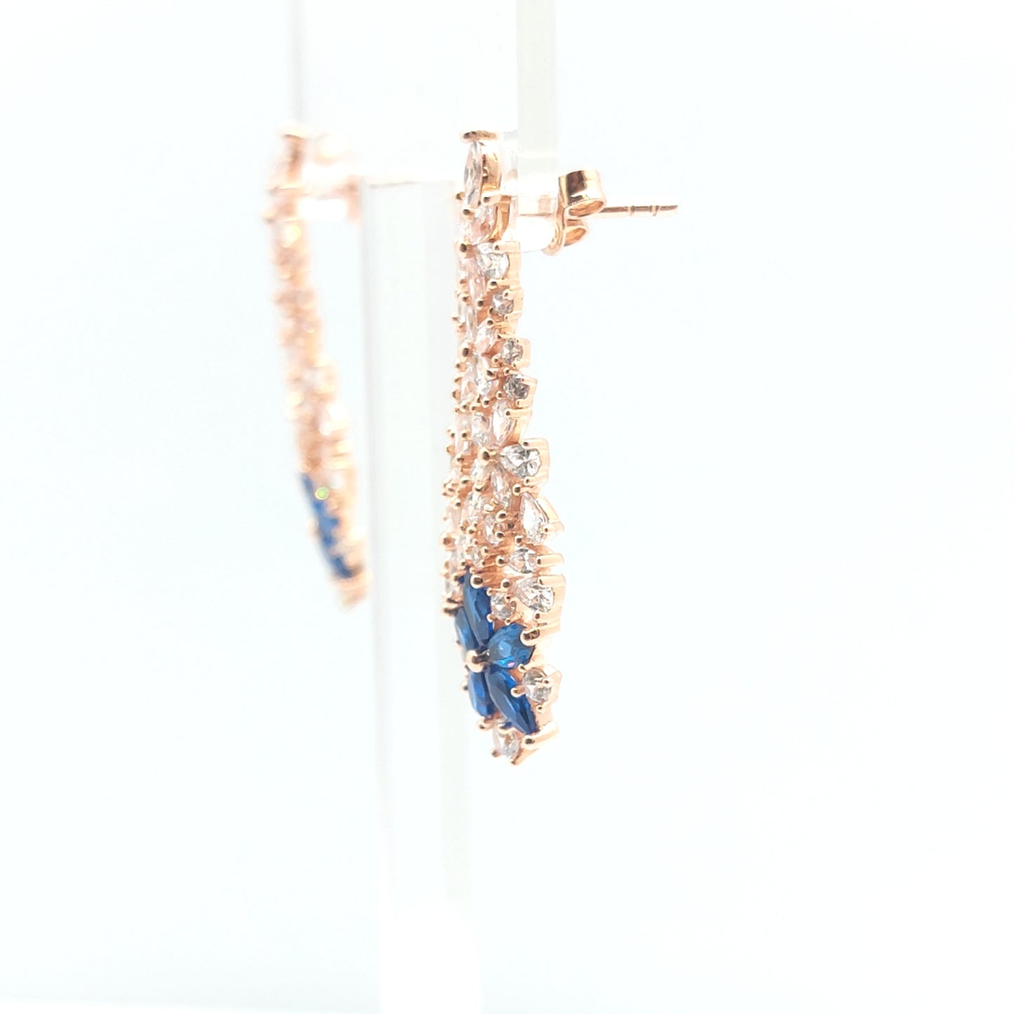 925 rose gold blue flower cz drop earrings
