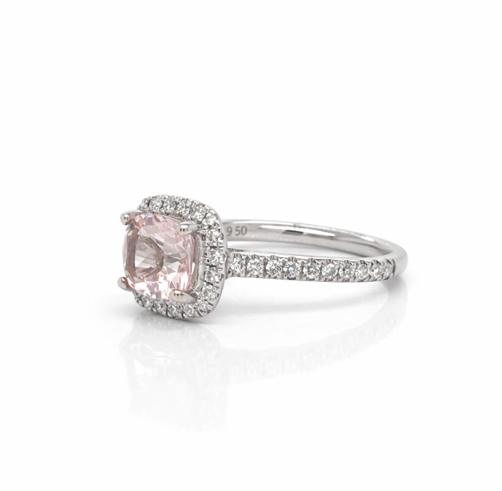 Cushion Cut Morganite Centre with Diamond Halo Ring set in Platinum