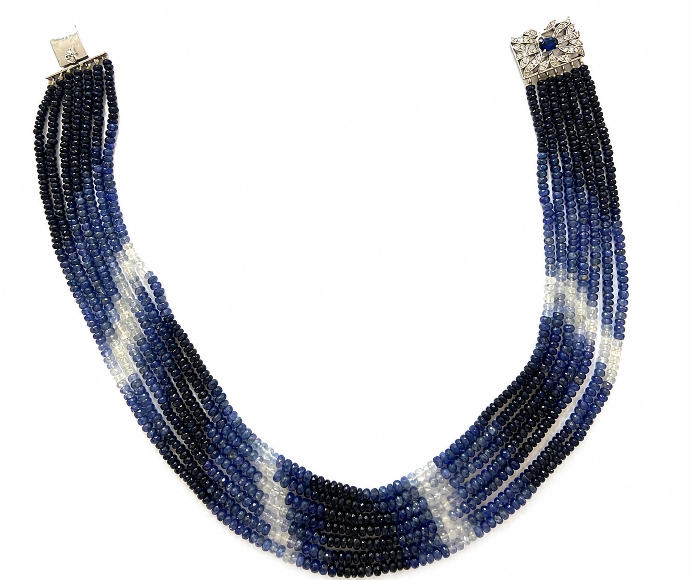 Vintage Sapphire Beaded Necklace with 18ct White gold Diamond and Sapphire Clasp