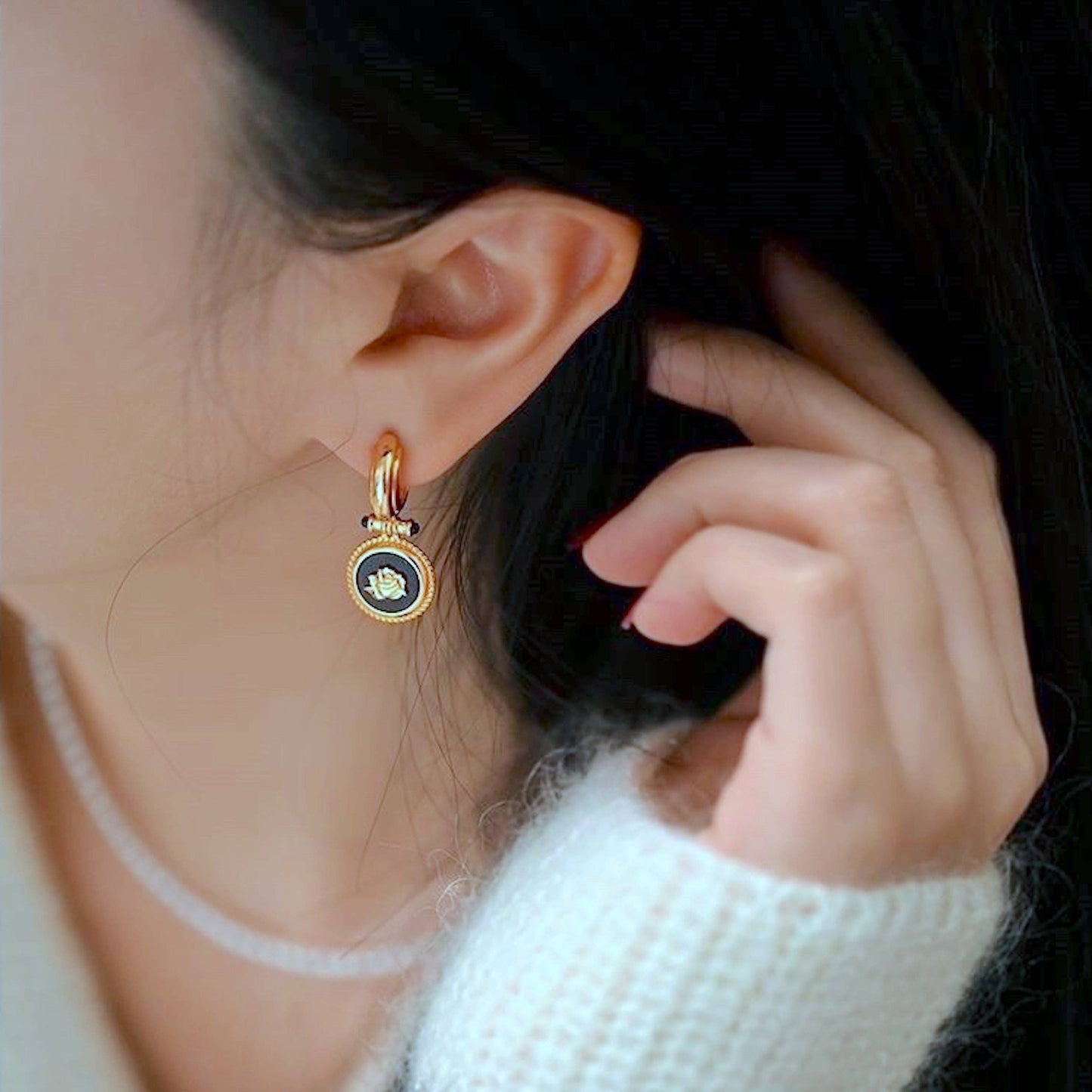 Vintage inspired detailed design Rose pendant earrings with black enamel-gold vermeil