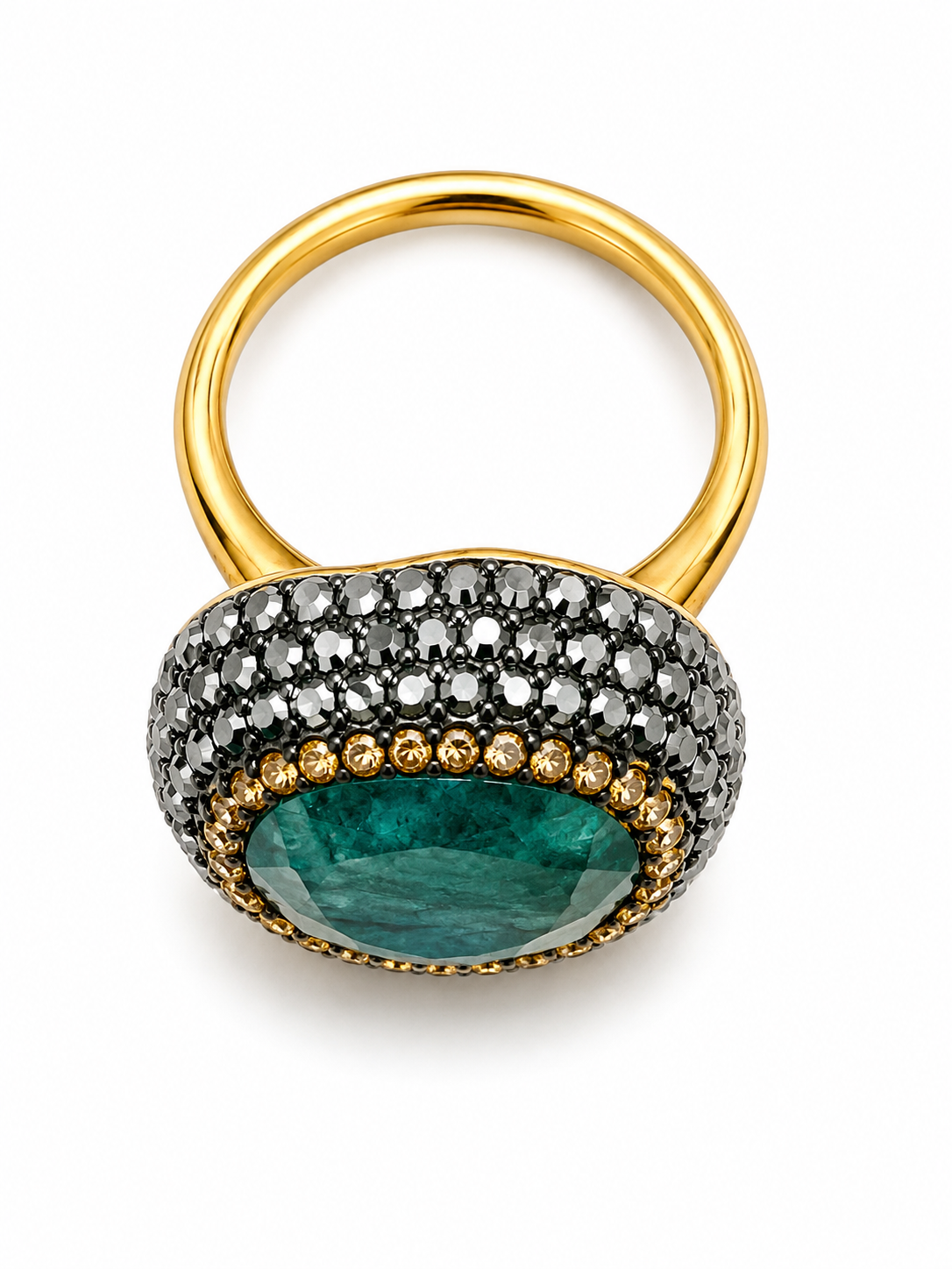 18ct yellow gold plated green agate ring with black cz