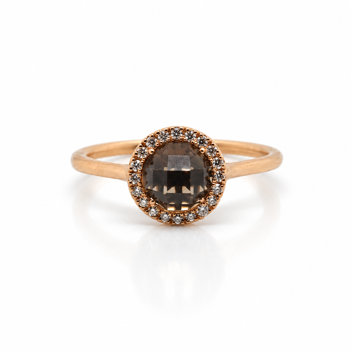 Checkerboard Smoky Quartz Diamond Halo Ring 18k Rose Gold