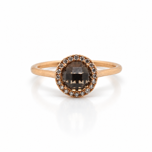 Checkerboard Smoky Quartz Diamond Halo Ring 18k Rose Gold