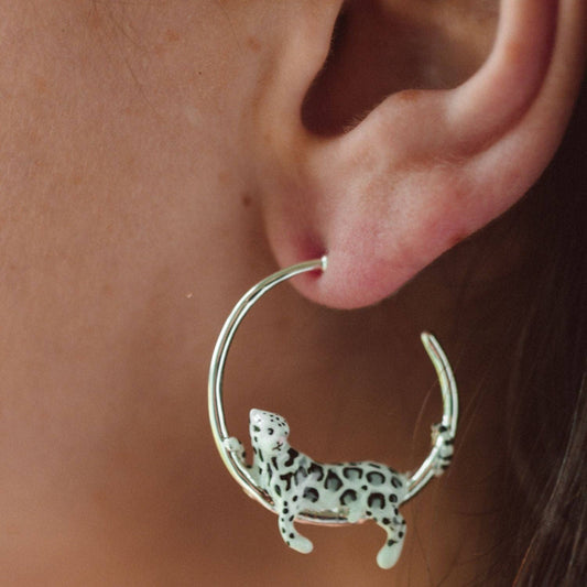 Silver Plated Snow Leopard Hoop Earrings