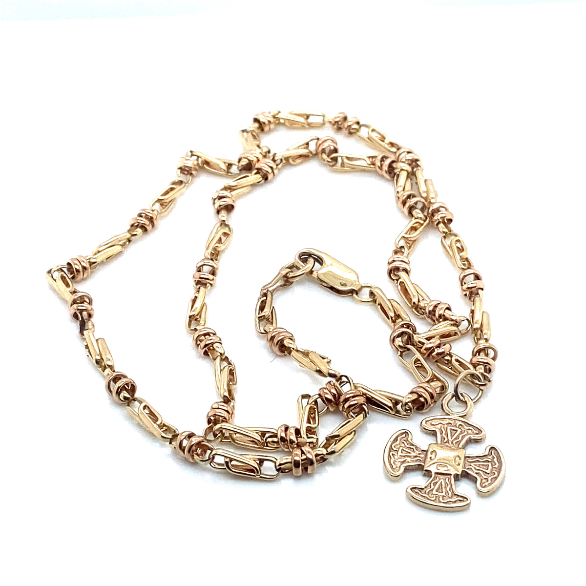 002034: Vintage fancy gold chain, antique and yellow gold, pendant attached (customer has been noted that existing links are weak and may break eventually.)	Solder break