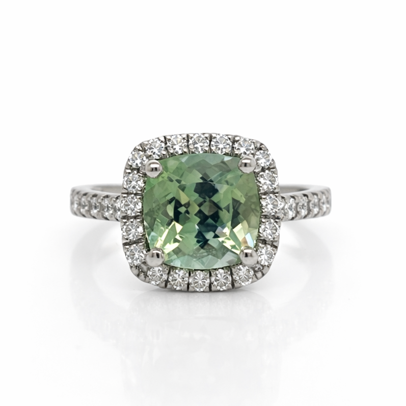 Square Cushion Cut Mint Green Tourmaline Diamond Halo Diamond Set Shoulders Ring in Platinum