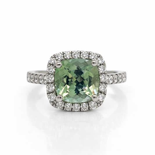 Square Cushion Cut Mint Green Tourmaline Diamond Halo Diamond Set Shoulders Ring in Platinum