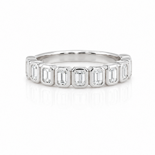 Emerald Cut Diamond Rubover Bezel Set Half Eternity Ring