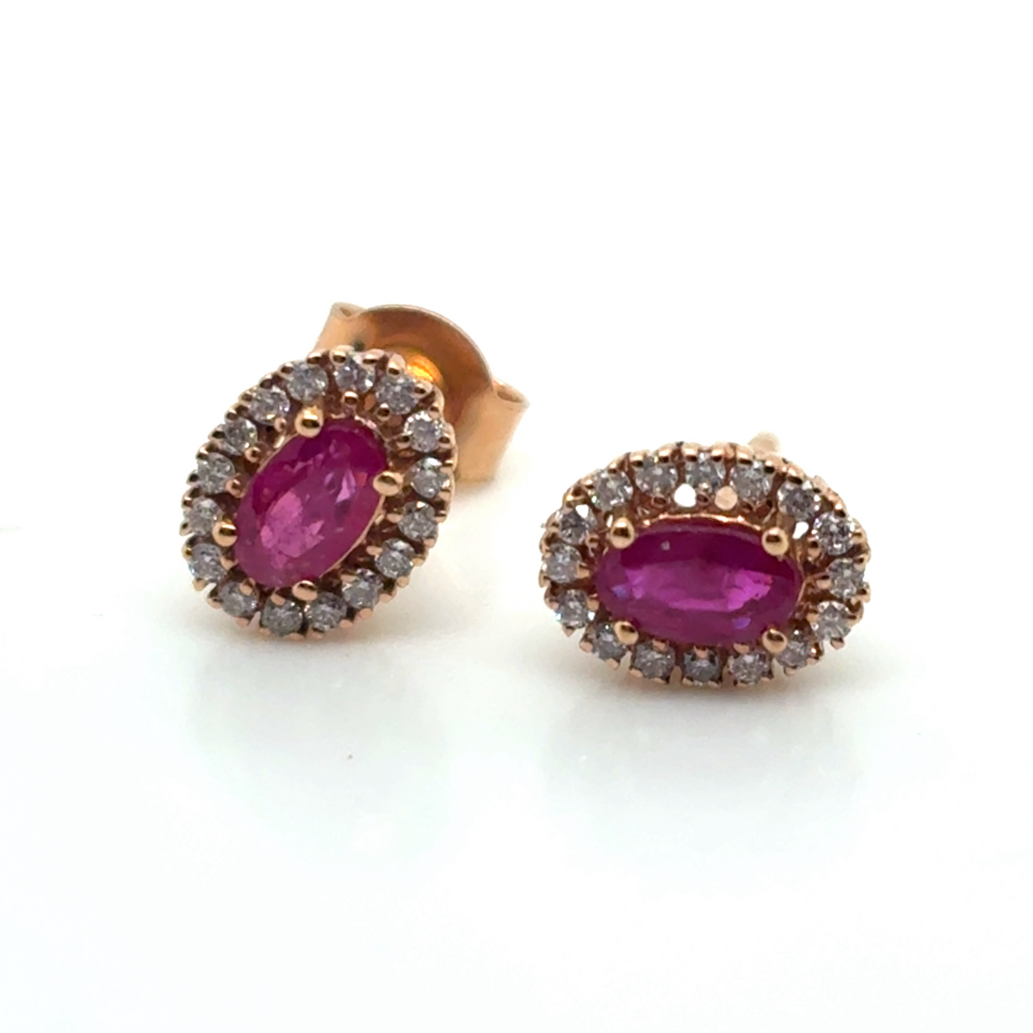 18ct Rose Gold Oval Cut Ruby and Diamond Halo Stud Earrings