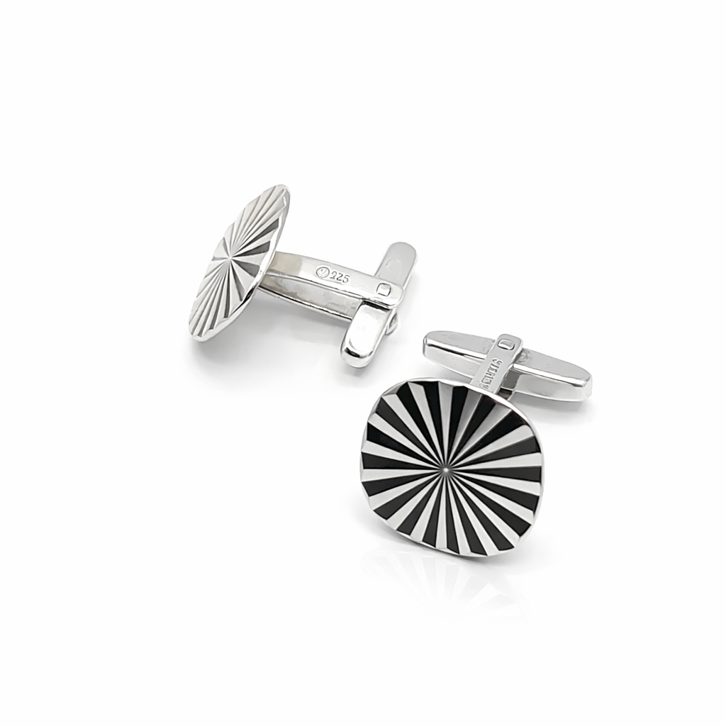 Vintage Solid Sterling Silver Fan Engraved Effect Bright Cut Cufflinks