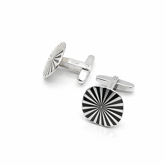 Vintage Solid Sterling Silver Fan Engraved Effect Bright Cut Cufflinks