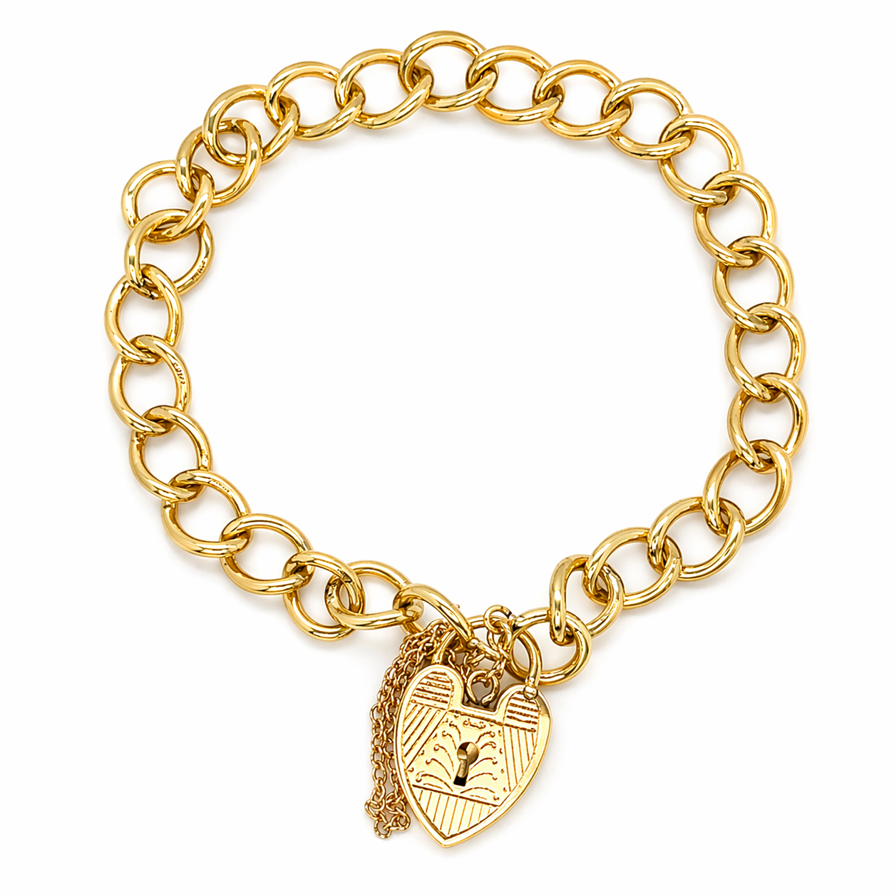 Vintage 9ct Yellow Gold Heavy Chain Charm Bracelet 7.5" With Heart Padlock