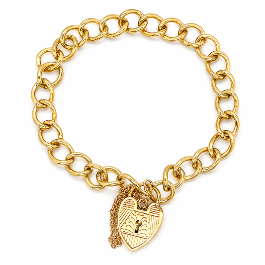 Vintage 9ct Yellow Gold Heavy Chain Charm Bracelet 7.5" With Heart Padlock