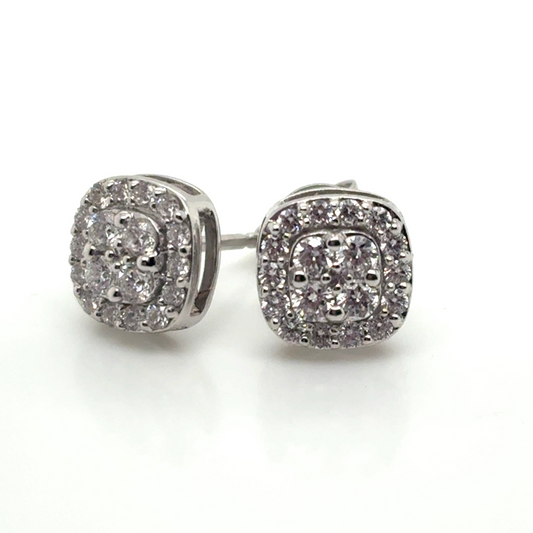 18ct White Gold Diamond Cluster Halo Earrings Cushion Shaped