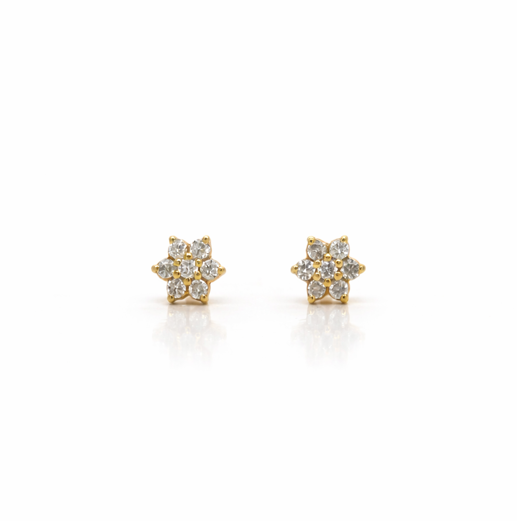 6 Petal Flower Diamond Cluster Earrings, 0.14cts in 18ct Yellow Gold with Screw Backs