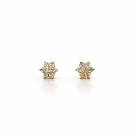 6 Petal Flower Diamond Cluster Earrings, 0.14cts in 18ct Yellow Gold with Screw Backs