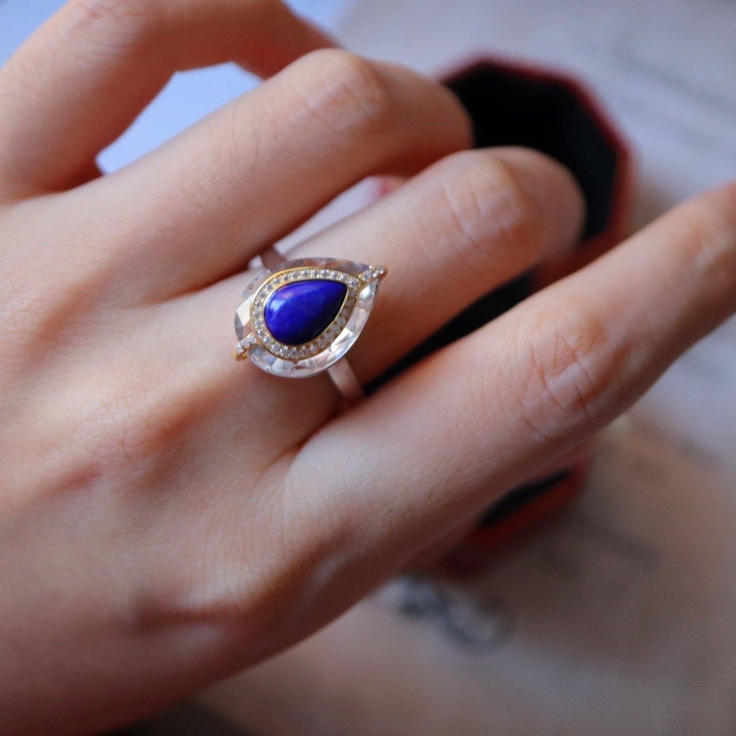 Gold Vermeil Lapis Lazuli Pear Cut Clear Crystal Adjustable Ring