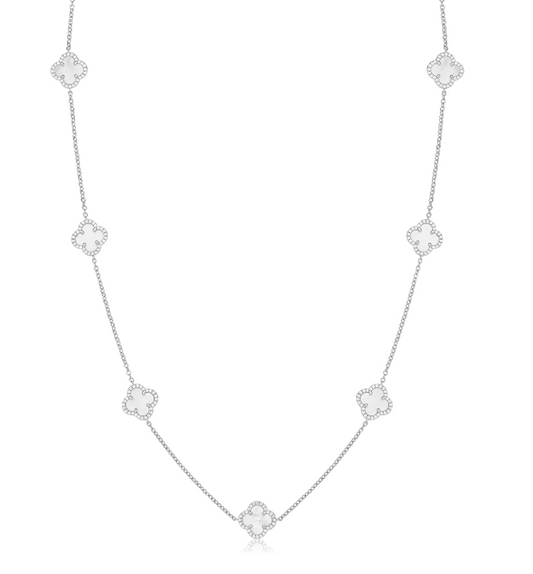 925 Silver Rhodium Plated Mother of Pearl & Cubic Zirconia Clover Necklace