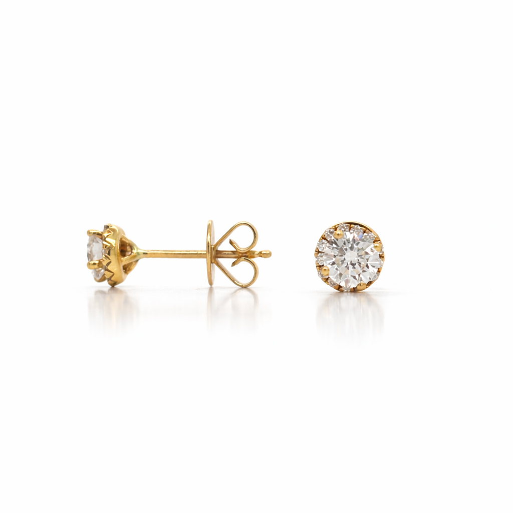 Round Brilliant Diamond Halo, 0.87cts, 18ct Yellow Gold Ear Studs