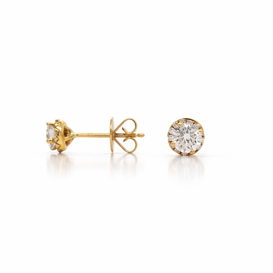 Round Brilliant Diamond Halo, 0.87cts, 18ct Yellow Gold Ear Studs