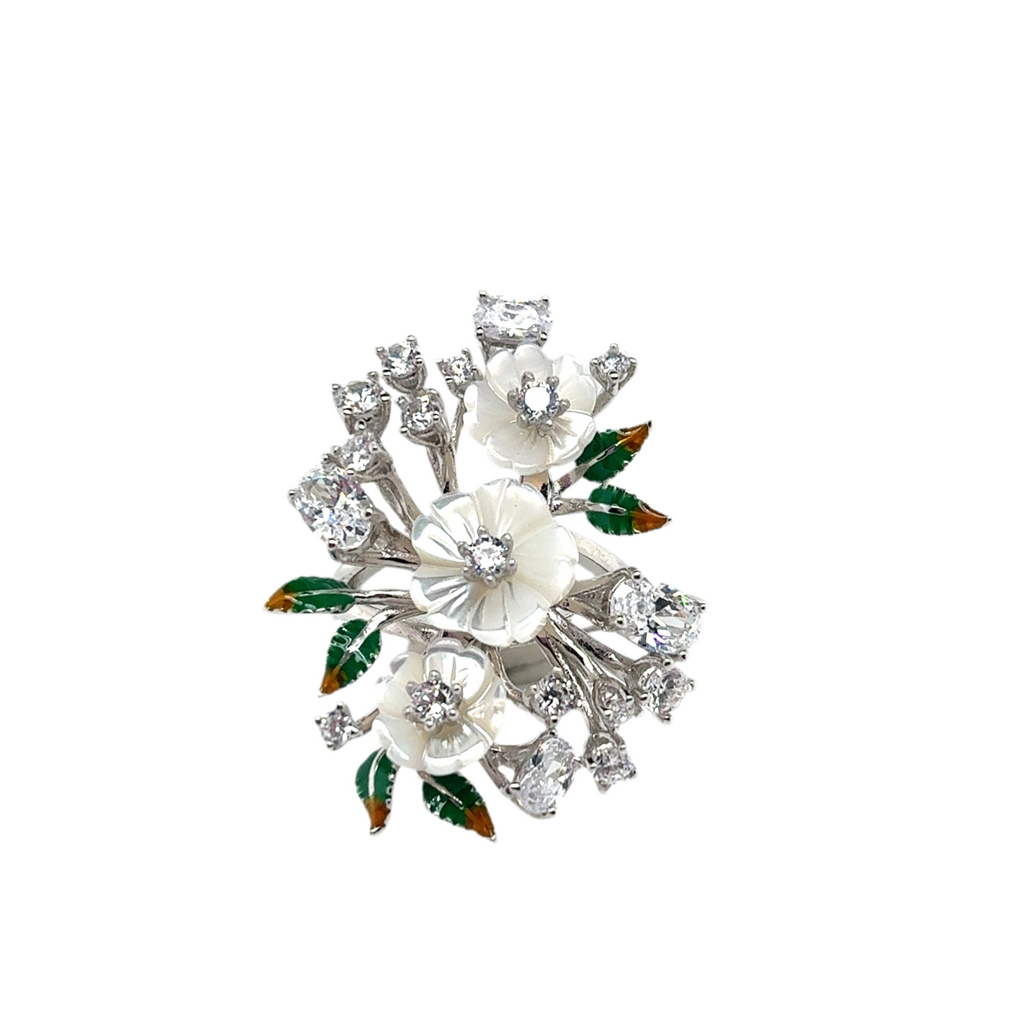 925 silver cubic zirconia white flowers and leaf set ( drop earrings, ring and necklace)