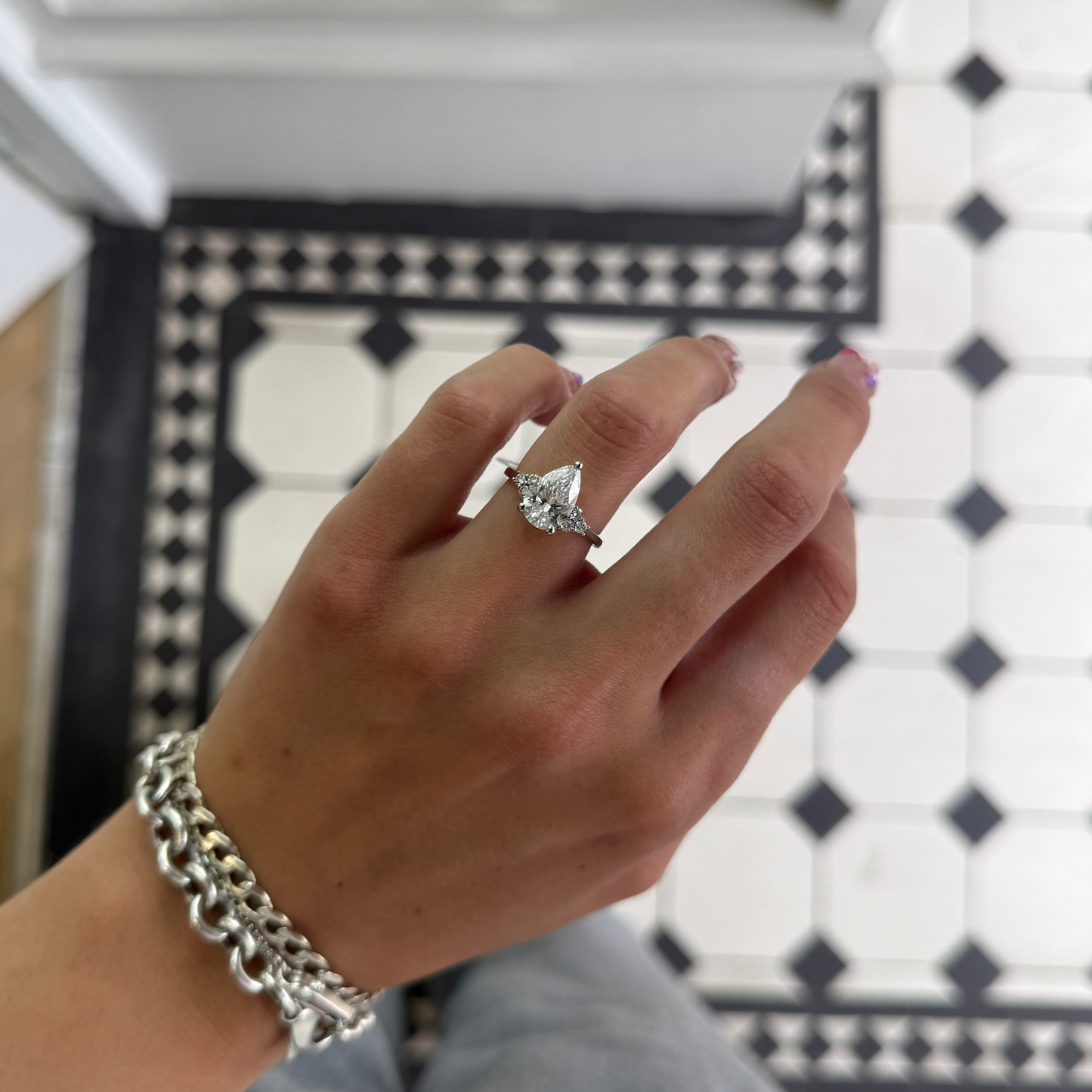 Trefoil Style Ring With 2.06ct Pear Cut Diamond in Platinum
