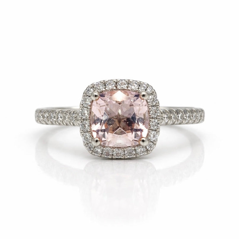 Cushion Cut Morganite Centre with Diamond Halo Ring set in Platinum