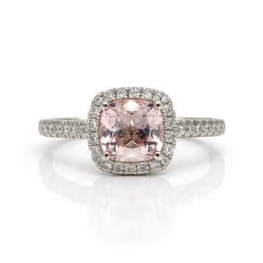 Cushion Cut Morganite Centre with Diamond Halo Ring set in Platinum