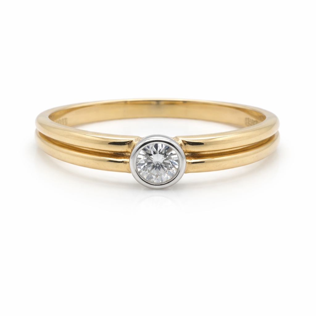 Natural Round Brilliant Cut Bezel Set Rubover Ring 18ct Yellow and White gold
