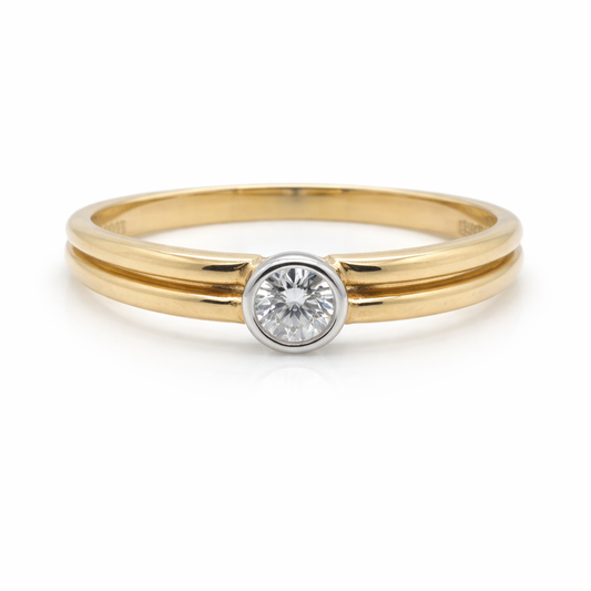 Natural Round Brilliant Cut Bezel Set Rubover Ring 18ct Yellow and White gold