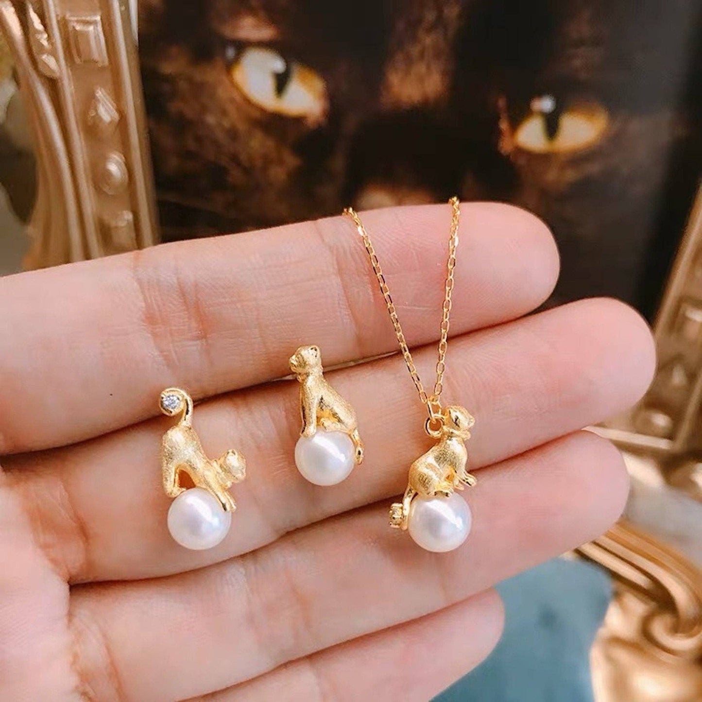 Sterling Silver, 18ct Gold Vermeil Cute Cat Stud Earrings