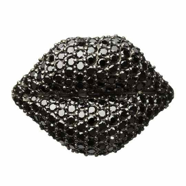 Sterling Silver "Kiss Me Black Lips" Ring Black Cubic Zirconia with Black Rhodium Plated