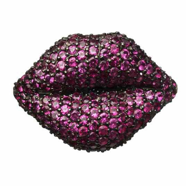 Sterling Silver "Kiss Me Black Lips" Ring Black Cubic Zirconia with Black Rhodium Plated