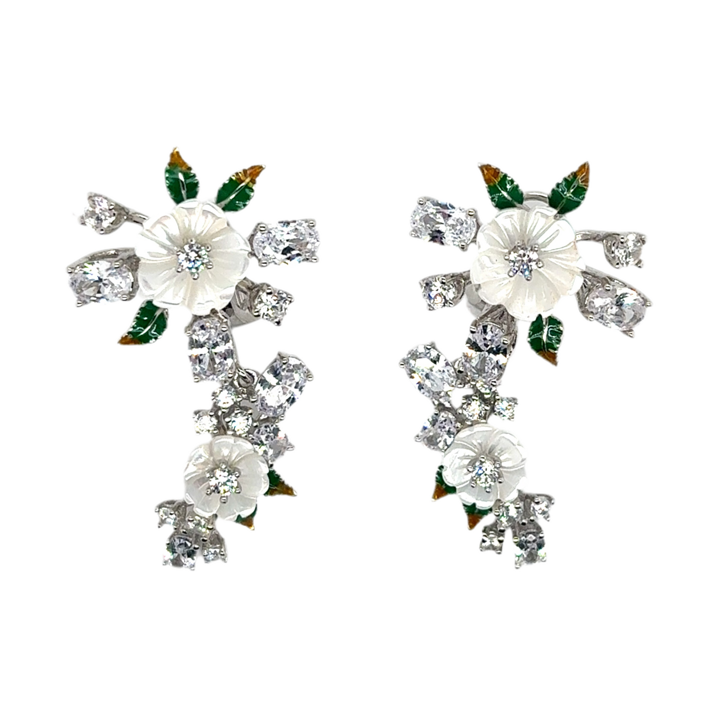 925 silver cubic zirconia white flowers and leaf set ( drop earrings, ring and necklace)
