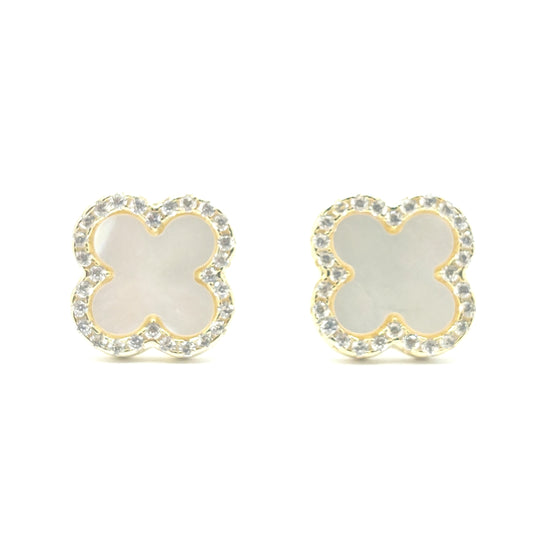 925 yellow gold mother of pearl cz clover stud earrings