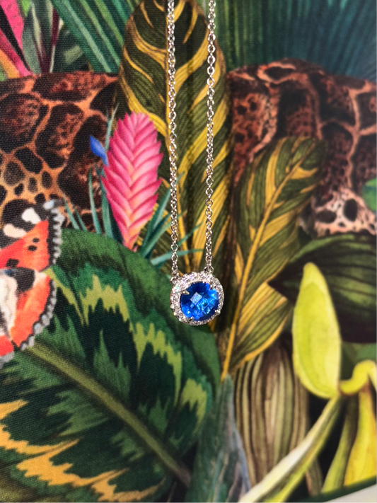 Blue obsidian pendant necklace with CZ