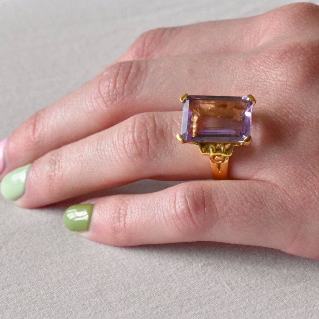 Emerald Cut Purple Amethyst Reign, 18ct Gold Vermeil Cocktail Ring